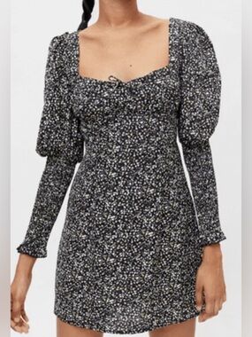 Kiss The Sky Black Ditsy Floral Smocked Sleeve Mini Dress